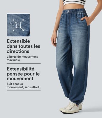 Jogging taille haute en molleton French Terry imprimé jean avec poches Jogging taille haute en molleton French Terry imprimé jean avec poches