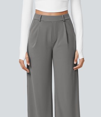 Halara Flex™ plissierte dehnbare Stoffhose mit hohem Bund, Seitentaschen und geradem Bein