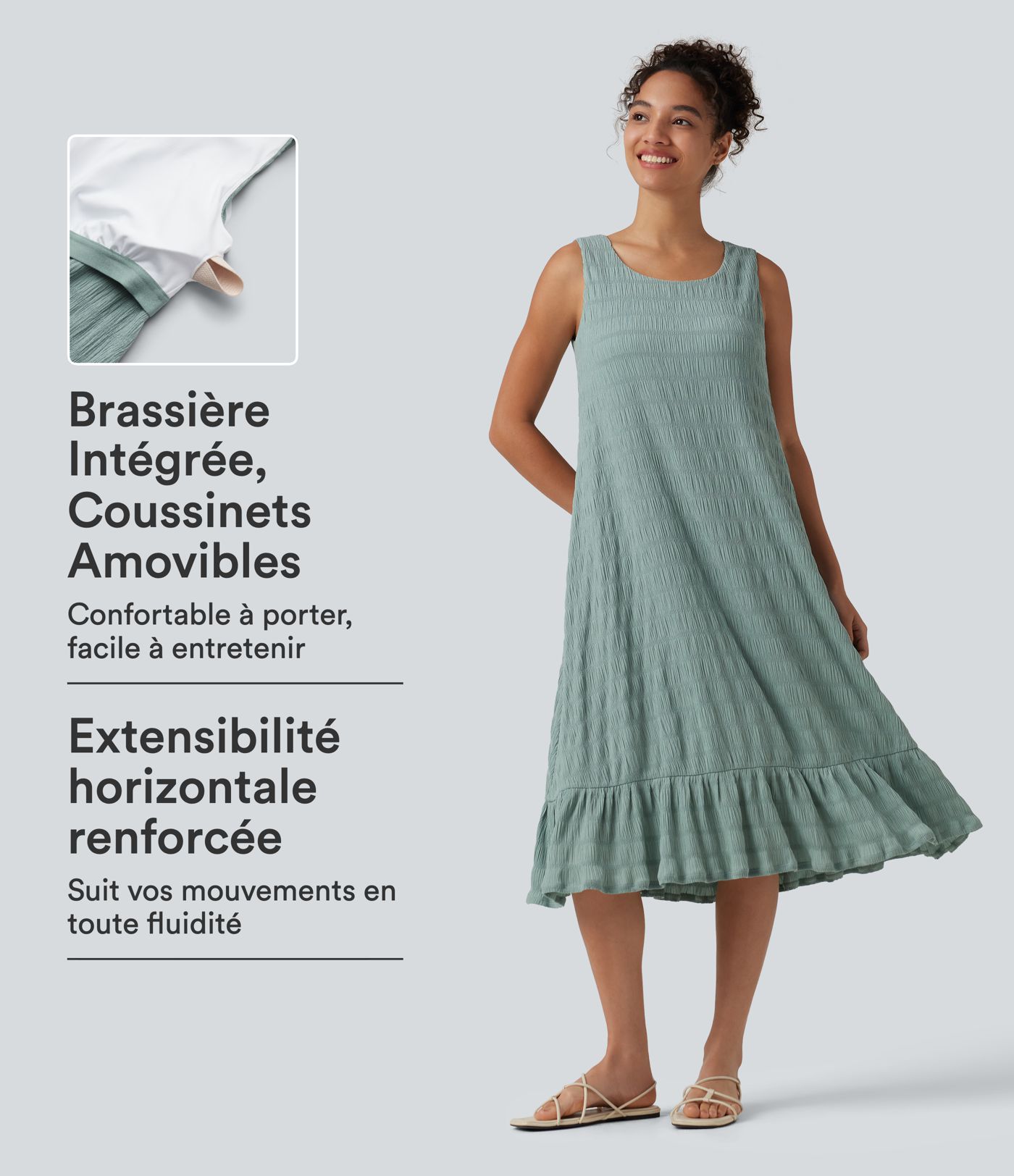 Robe midi sans manches à encolure arrondie avec coussinets amovibles et ourlet à volants Robe midi sans manches à encolure arrondie avec coussinets amovibles et ourlet à volants
