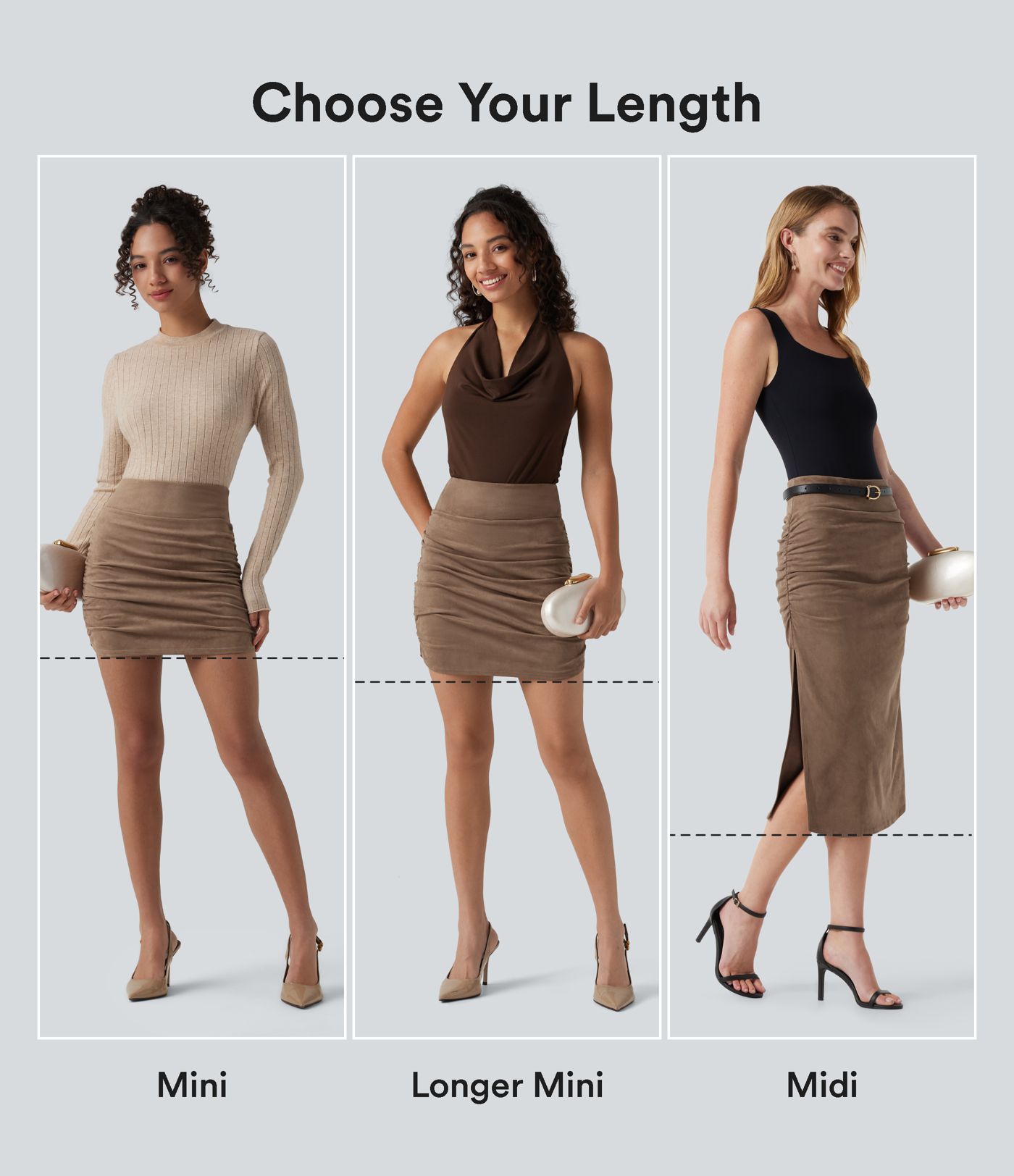 High Waisted Tummy Control Ruched Curved Hem Bodycon 2-in-1 Suede Mini Skirt-Longer Length High Waisted Tummy Control Ruched Curved Hem Bodycon 2-in-1 Suede Mini Skirt-Longer Length