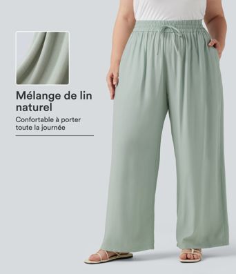 Pantalon large grande taille taille haute avec cordon de serrage et poches