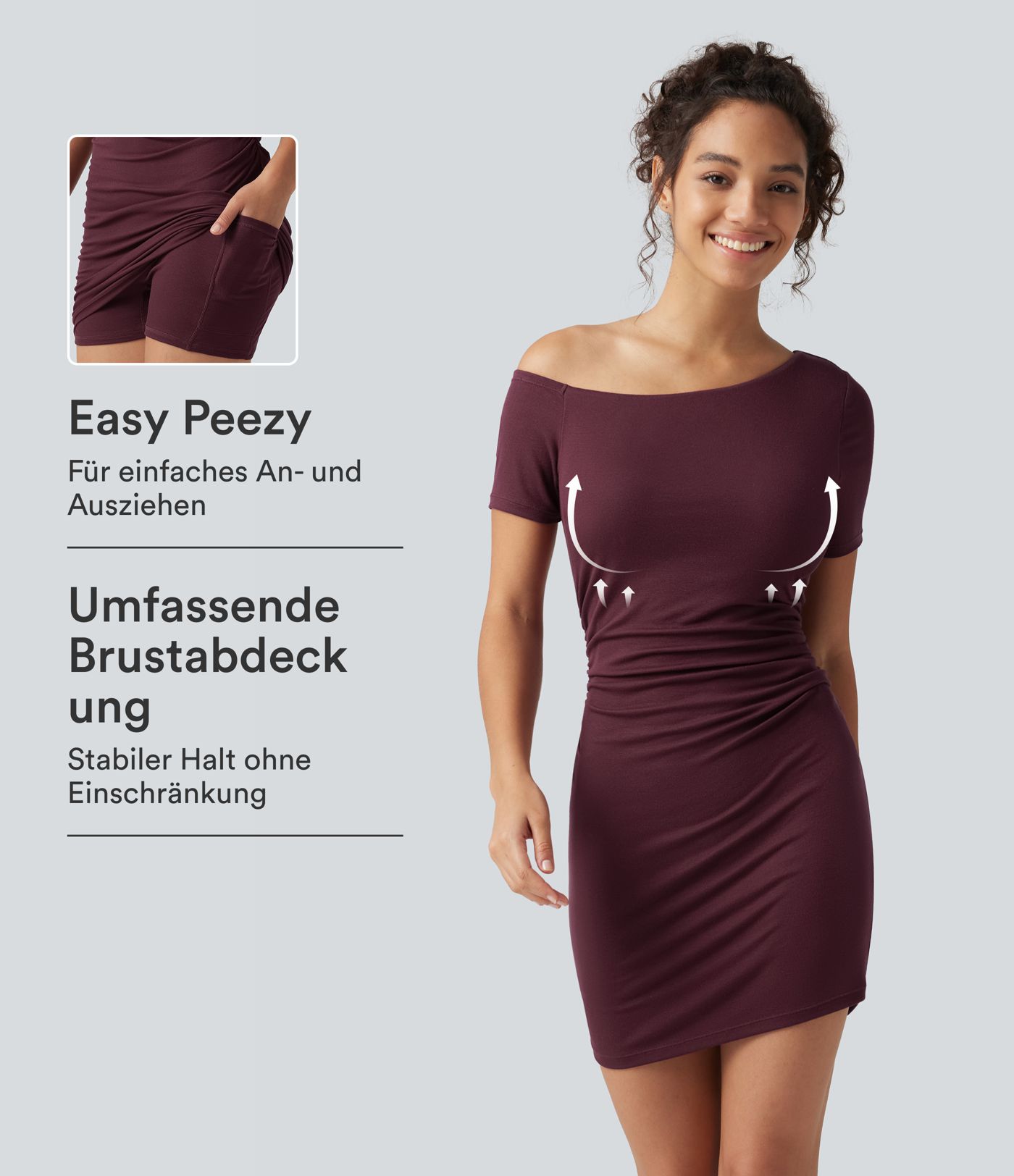 Figurbetontes, geripptes 2-in-1 Minikleid mit Seitentaschen, kurzen Ärmeln, integriertem BH und One-Shoulder-Design - Easy Peezy Edition, B-D Cups Figurbetontes, geripptes 2-in-1 Minikleid mit Seitentaschen, kurzen Ärmeln, integriertem BH und One-Shoulder-Design - Easy Peezy Edition, B-D Cups