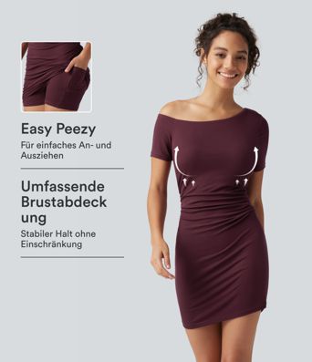Figurbetontes, geripptes 2-in-1 Minikleid mit Seitentaschen, kurzen Ärmeln, integriertem BH und One-Shoulder-Design - Easy Peezy Edition, B-D Cups Figurbetontes, geripptes 2-in-1 Minikleid mit Seitentaschen, kurzen Ärmeln, integriertem BH und One-Shoulder-Design - Easy Peezy Edition, B-D Cups