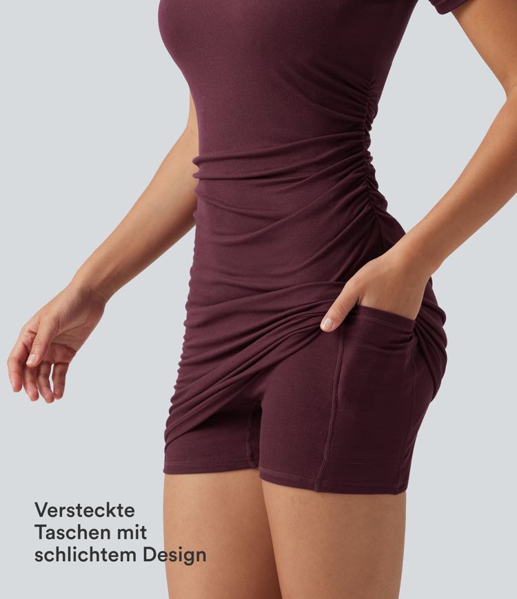 Figurbetontes, geripptes 2-in-1 Minikleid mit Seitentaschen, kurzen Ärmeln, integriertem BH und One-Shoulder-Design - Easy Peezy Edition, B-D Cups Figurbetontes, geripptes 2-in-1 Minikleid mit Seitentaschen, kurzen Ärmeln, integriertem BH und One-Shoulder-Design - Easy Peezy Edition, B-D Cups