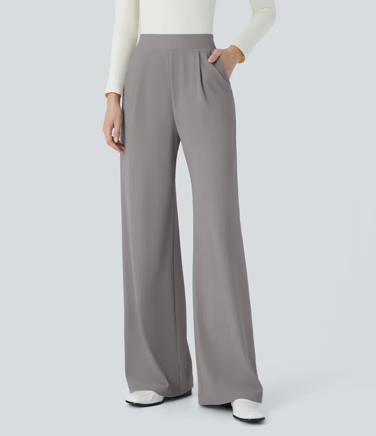 Pantalón Halara Flex™ oficina tiro alto control abdomen adelgazan tiro bolsillo lateral pierna ancha micro gofre
