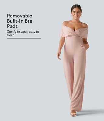Off Shoulder Built-in Bra Short Sleeve Casual Jumpsuit with Pockets
