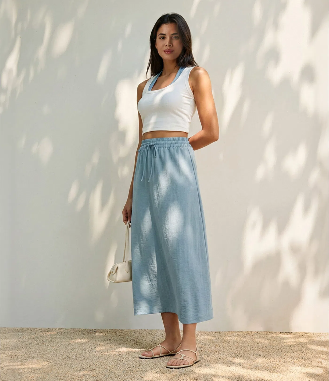 High Waisted Drawstring Maxi Linen-Feel Casual Skirt