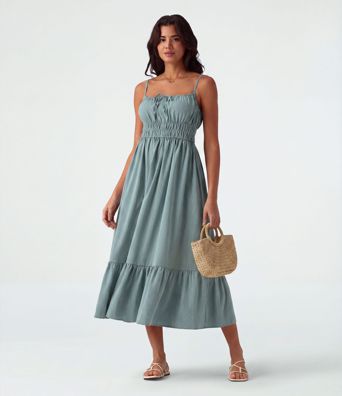 Tie Front Flowy Midi Casual Linen-Feel Slip Dress Tie Front Flowy Midi Casual Linen-Feel Slip Dress