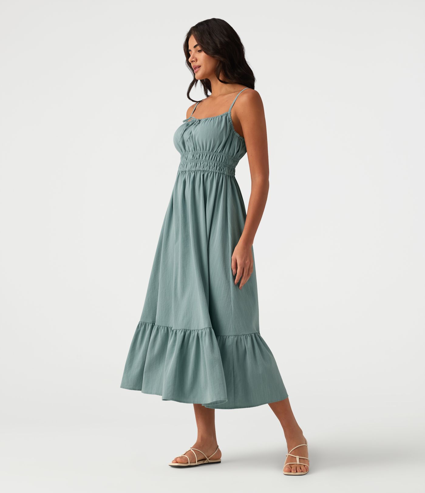 Tie Front Flowy Midi Casual Linen-Feel Slip Dress Tie Front Flowy Midi Casual Linen-Feel Slip Dress