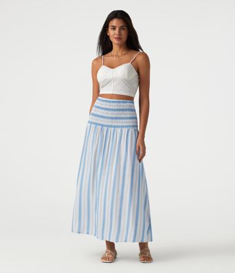 Removable Straps Shirred Stripes Linen-Feel Resort Slip Dress