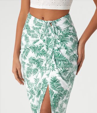 Mid Rise Tie Front Bodycon Ruched Floral/Stripe Print Maxi Skirt Mid Rise Tie Front Bodycon Ruched Floral/Stripe Print Maxi Skirt