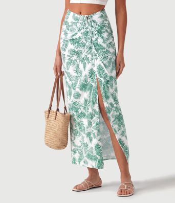 Mid Rise Tie Front Bodycon Ruched Floral/Stripe Print Maxi Skirt Mid Rise Tie Front Bodycon Ruched Floral/Stripe Print Maxi Skirt