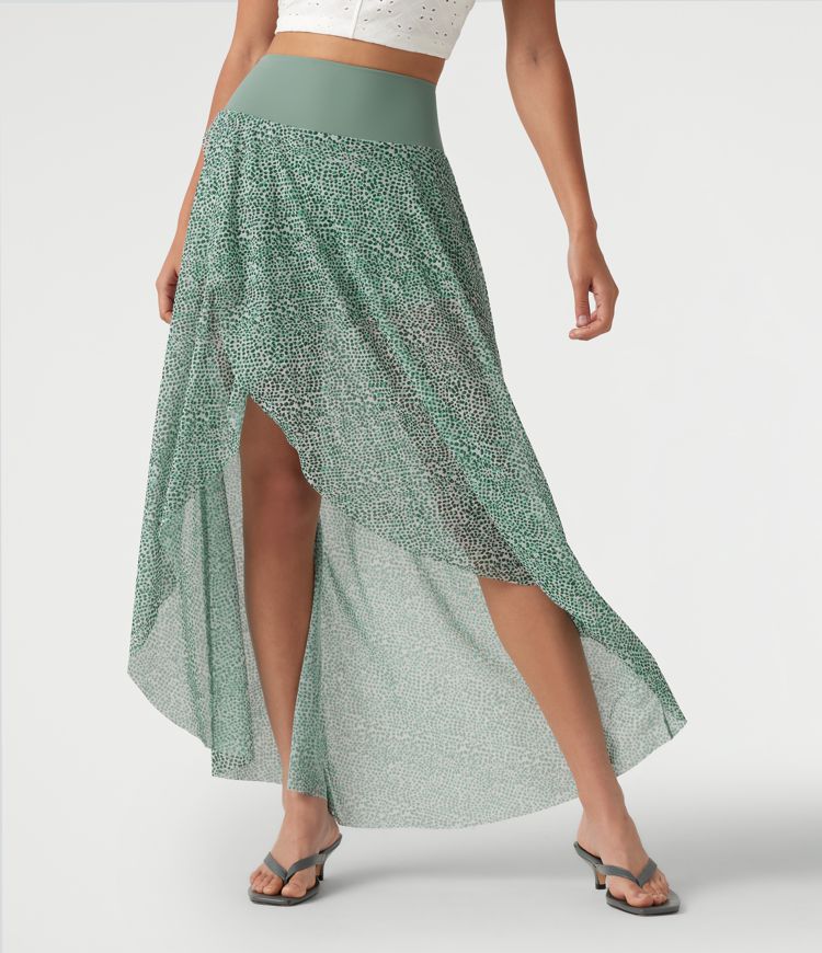 High Waisted High Low Ruffle 2-in-1 Leopard Print Mesh Maxi Skirt