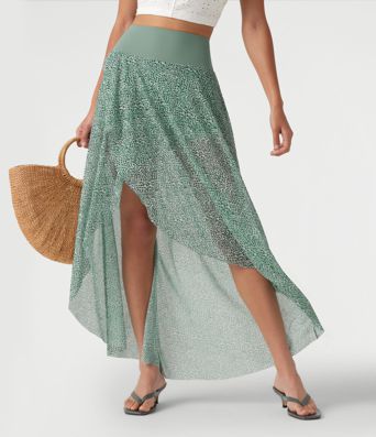 Jupe longue en mesh imprimé léopard taille haute asymétrique à volants 2 en 1
