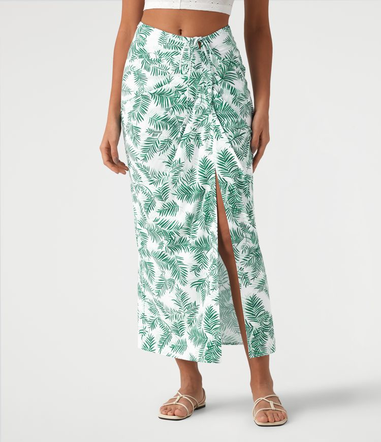 Figurbetonter, geraffter Maxirock mit mittelhohem Bund, Streifen, Blumenmuster und Bindeband vorne Figurbetonter, geraffter Maxirock mit mittelhohem Bund, Streifen, Blumenmuster und Bindeband vorne
