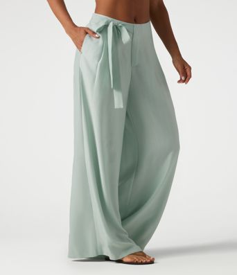 Pantalon large fluide taille haute en lin mélangé avec poches et liens latéraux