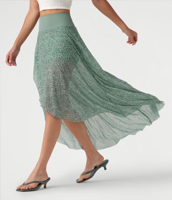 2-in-1 Maxirock mit hohem Bund, Leopardenmuster, Kontrast-Mesh und asymmetrischem Saum 2-in-1 Maxirock mit hohem Bund, Leopardenmuster, Kontrast-Mesh und asymmetrischem Saum