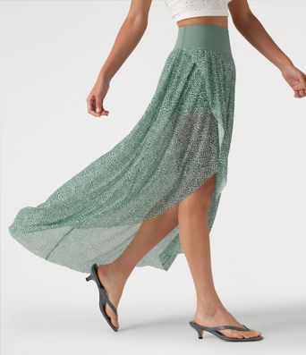 2-in-1 Maxirock mit hohem Bund, Leopardenmuster, Kontrast-Mesh und asymmetrischem Saum 2-in-1 Maxirock mit hohem Bund, Leopardenmuster, Kontrast-Mesh und asymmetrischem Saum