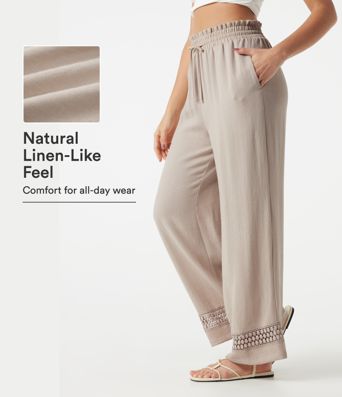 High Waisted Drawstring Casual Linen-Feel Pants with Pockets