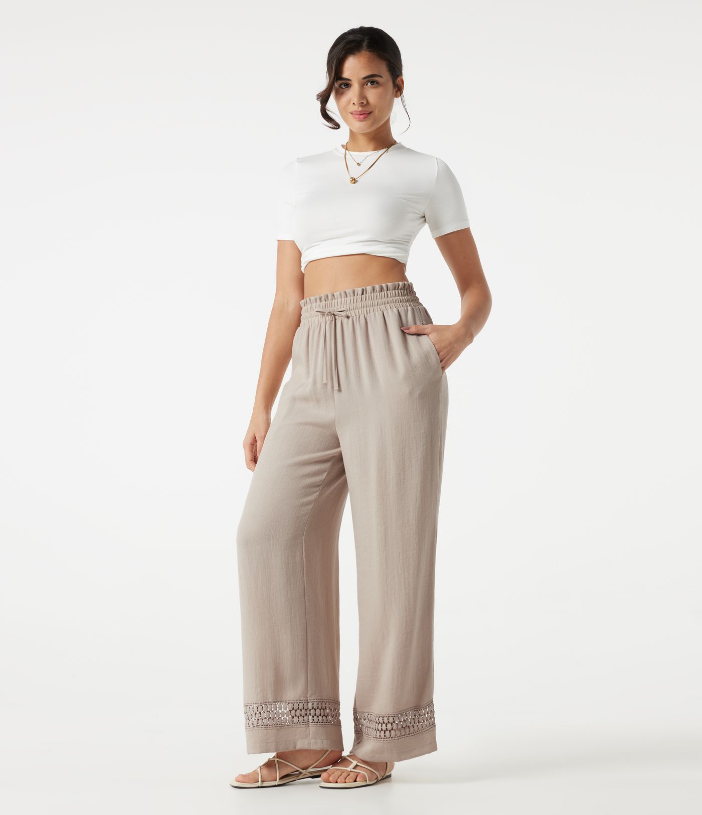 High Waisted Drawstring Casual Linen-Feel Pants with Pockets
