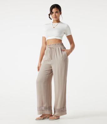 High Waisted Drawstring Casual Linen-Feel Pants with Pockets
