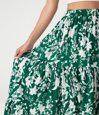 Jupe maxi fluide à taille haute, imprimé floral, à étages, style resort