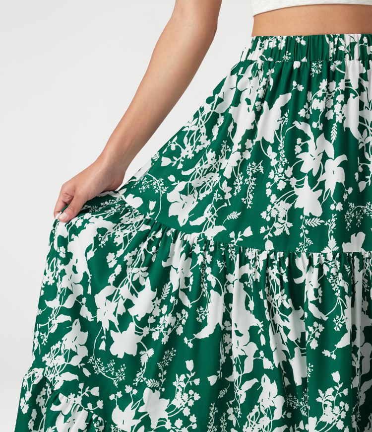 Jupe maxi fluide à taille haute, imprimé floral, à étages, style resort