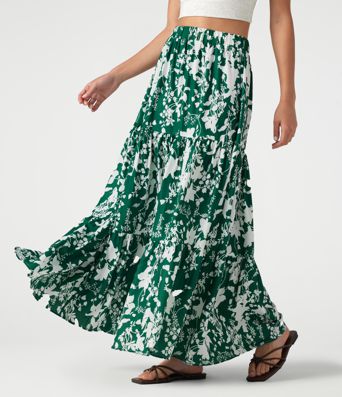 Jupe maxi fluide à taille haute, imprimé floral, à étages, style resort