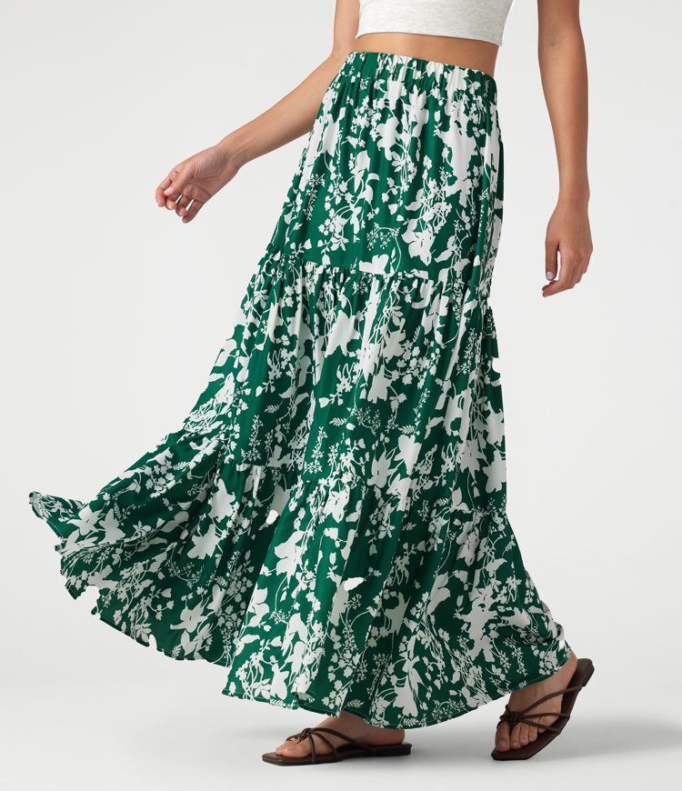 Jupe maxi fluide à taille haute, imprimé floral, à étages, style resort