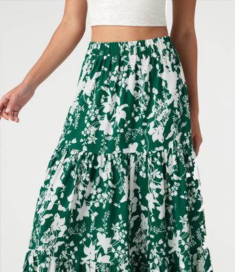 Jupe maxi fluide à taille haute, imprimé floral, à étages, style resort