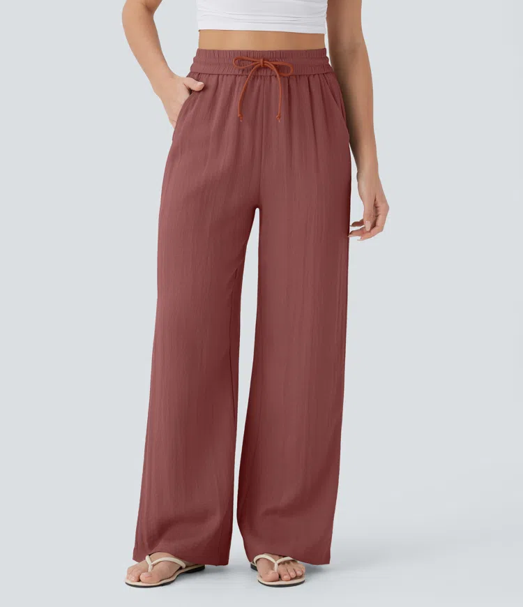 Pantalón lino tiro alto cordón ajustable bolsillo lateral pierna ancha