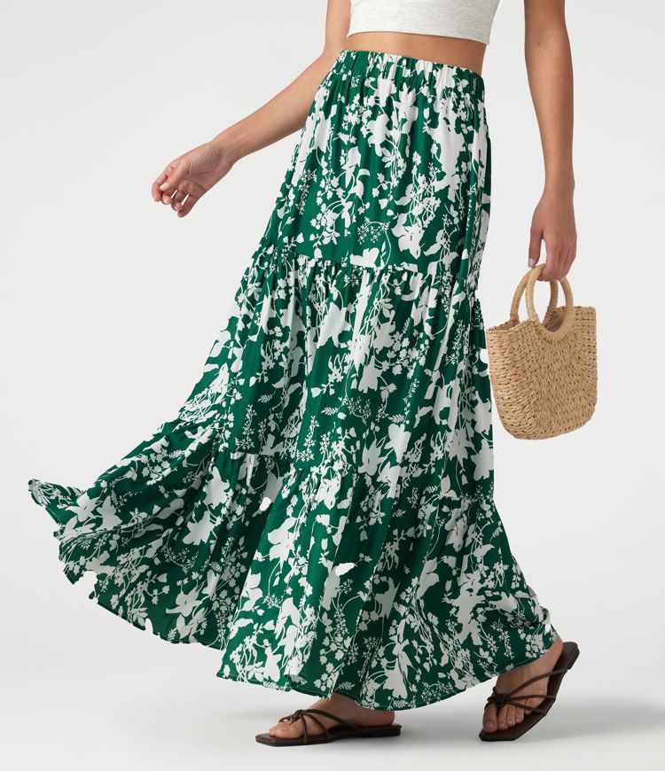 High Waisted Floral Print Tiered Maxi Resort Flowy Skirt High Waisted Floral Print Tiered Maxi Resort Flowy Skirt