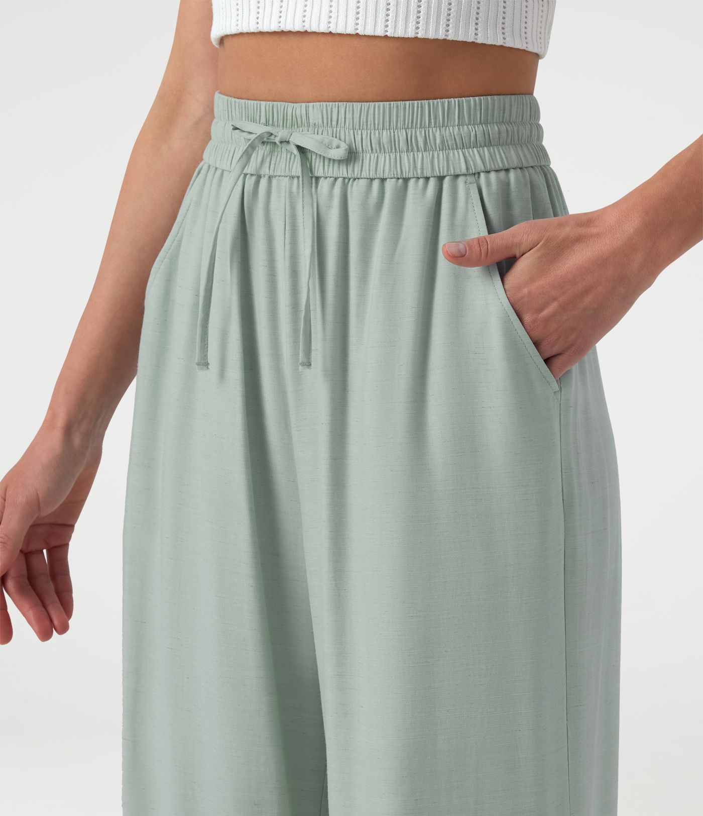 Lässige Leinen-Hose mit hohem Bund, Kordelzug, weitem Bein und Taschen Lässige Leinen-Hose mit hohem Bund, Kordelzug, weitem Bein und Taschen