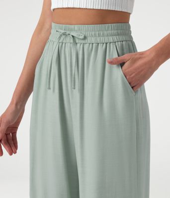 Lässige Leinen-Hose mit hohem Bund, Kordelzug, weitem Bein und Taschen Lässige Leinen-Hose mit hohem Bund, Kordelzug, weitem Bein und Taschen