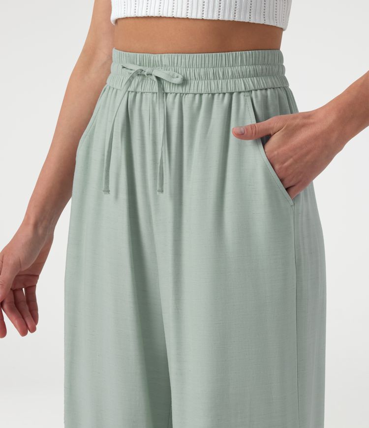 Lässige Leinen-Hose mit hohem Bund, Kordelzug, weitem Bein und Taschen Lässige Leinen-Hose mit hohem Bund, Kordelzug, weitem Bein und Taschen