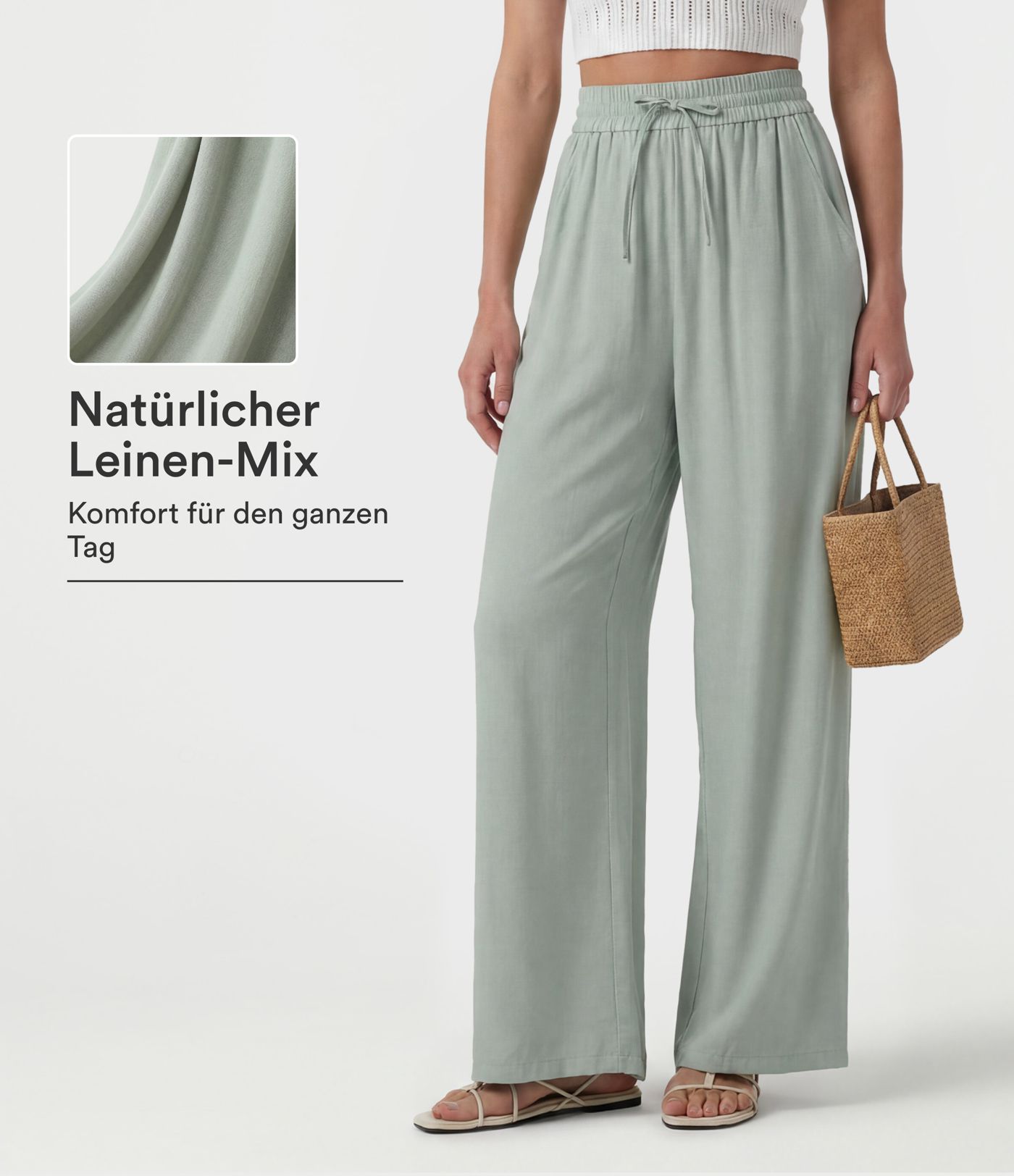 Lässige Leinen-Hose mit hohem Bund, Kordelzug, weitem Bein und Taschen Lässige Leinen-Hose mit hohem Bund, Kordelzug, weitem Bein und Taschen