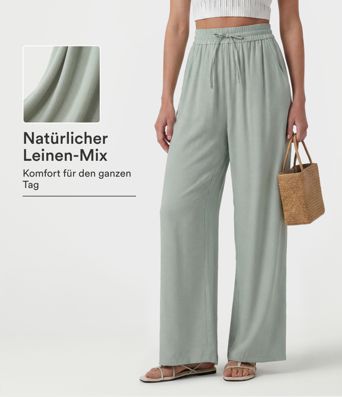 Lässige Leinen-Hose mit hohem Bund, Kordelzug, weitem Bein und Taschen Lässige Leinen-Hose mit hohem Bund, Kordelzug, weitem Bein und Taschen
