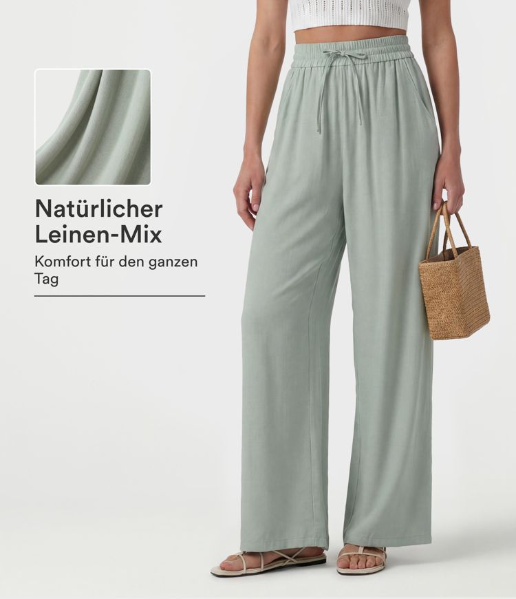 Lässige Leinen-Hose mit hohem Bund, Kordelzug, weitem Bein und Taschen Lässige Leinen-Hose mit hohem Bund, Kordelzug, weitem Bein und Taschen