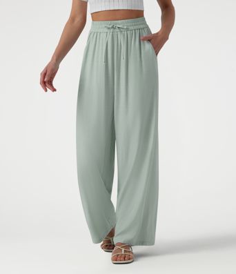 Lässige Leinen-Hose mit hohem Bund, Kordelzug, weitem Bein und Taschen Lässige Leinen-Hose mit hohem Bund, Kordelzug, weitem Bein und Taschen