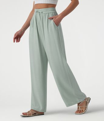 Lässige Leinen-Hose mit hohem Bund, Kordelzug, weitem Bein und Taschen Lässige Leinen-Hose mit hohem Bund, Kordelzug, weitem Bein und Taschen