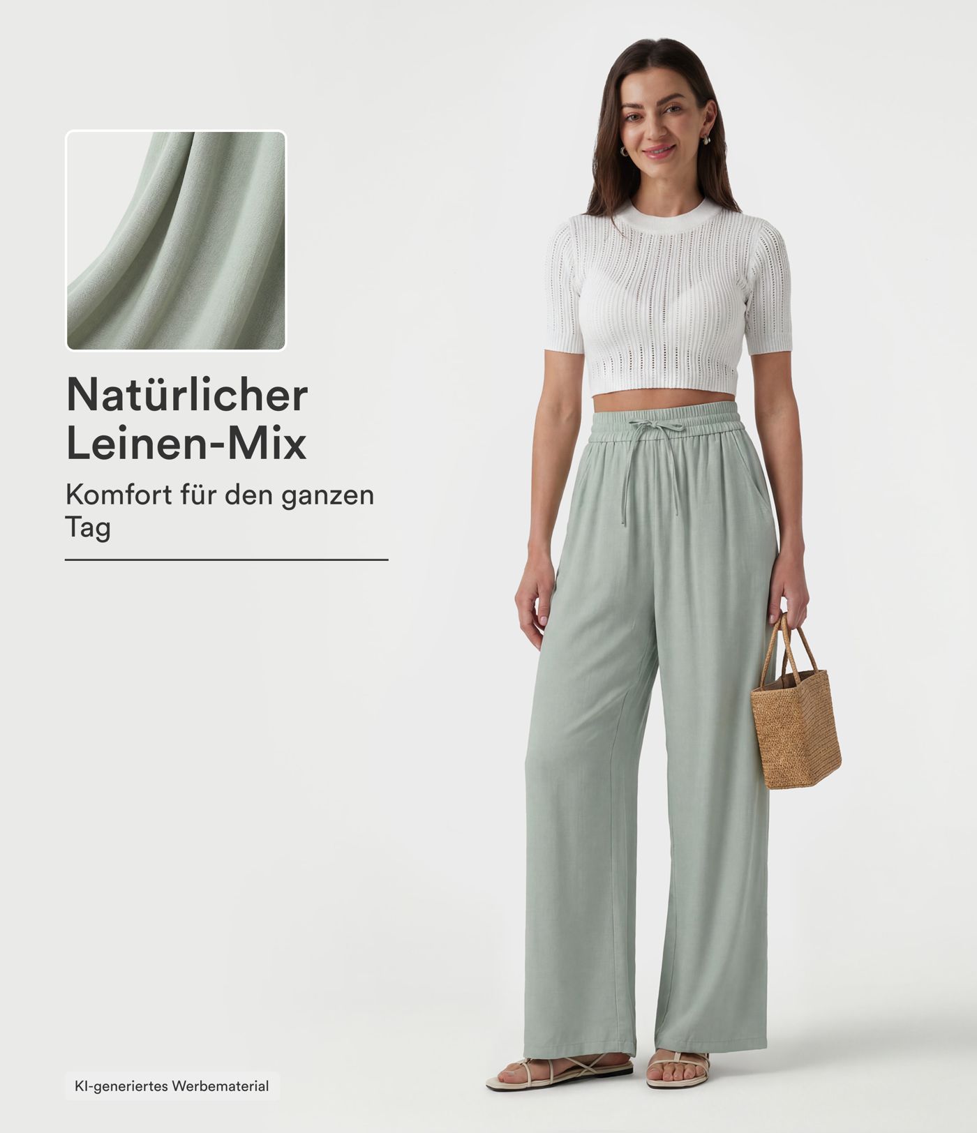 Lässige Leinen-Hose mit hohem Bund, Kordelzug, weitem Bein und Taschen Lässige Leinen-Hose mit hohem Bund, Kordelzug, weitem Bein und Taschen