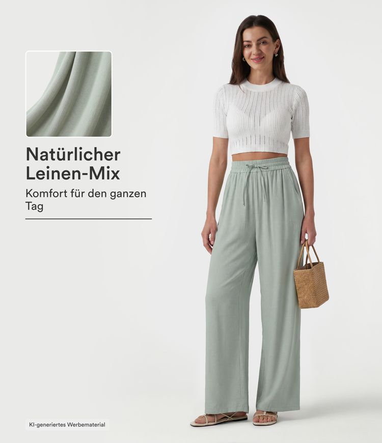 Lässige Leinen-Hose mit hohem Bund, Kordelzug, weitem Bein und Taschen Lässige Leinen-Hose mit hohem Bund, Kordelzug, weitem Bein und Taschen