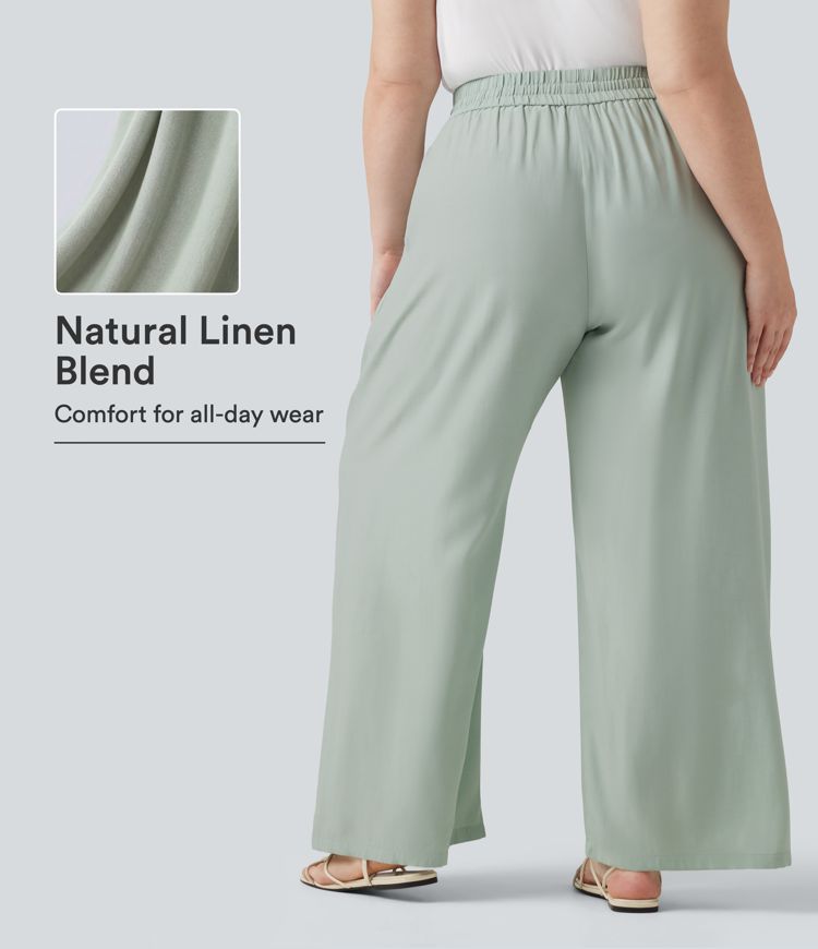 Plus Size High Waisted Drawstring Wide Leg Casual Linen-Blend Trousers with Pockets Plus Size High Waisted Drawstring Wide Leg Casual Linen-Blend Trousers with Pockets