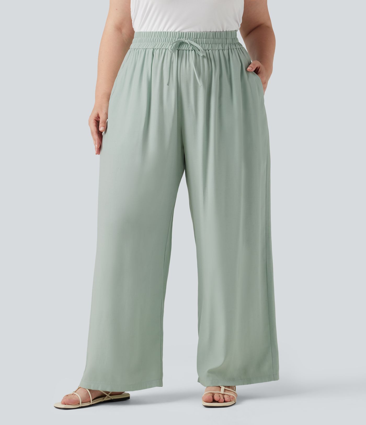 Pantalon grande taille taille haute à cordon, jambe large, décontracté, en mélange de lin, avec poches