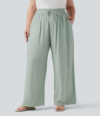 Pantalon grande taille taille haute à cordon, jambe large, décontracté, en mélange de lin, avec poches