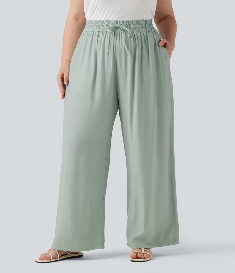 Pantalon grande taille taille haute à cordon, jambe large, décontracté, en mélange de lin, avec poches