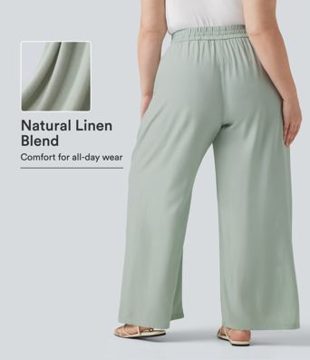 Pantalon grande taille taille haute à cordon, jambe large, décontracté, en mélange de lin, avec poches