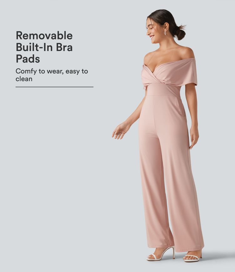 Off Shoulder Built-in Bra Short Sleeve Casual Jumpsuit with Pockets Off Shoulder Built-in Bra Short Sleeve Casual Jumpsuit with Pockets