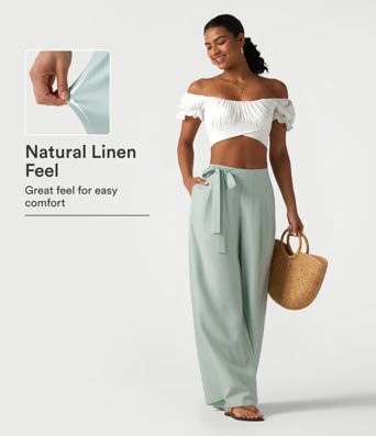 High Waisted Tie Side Baggy Linen-Blend Pants with Pockets High Waisted Tie Side Baggy Linen-Blend Pants with Pockets