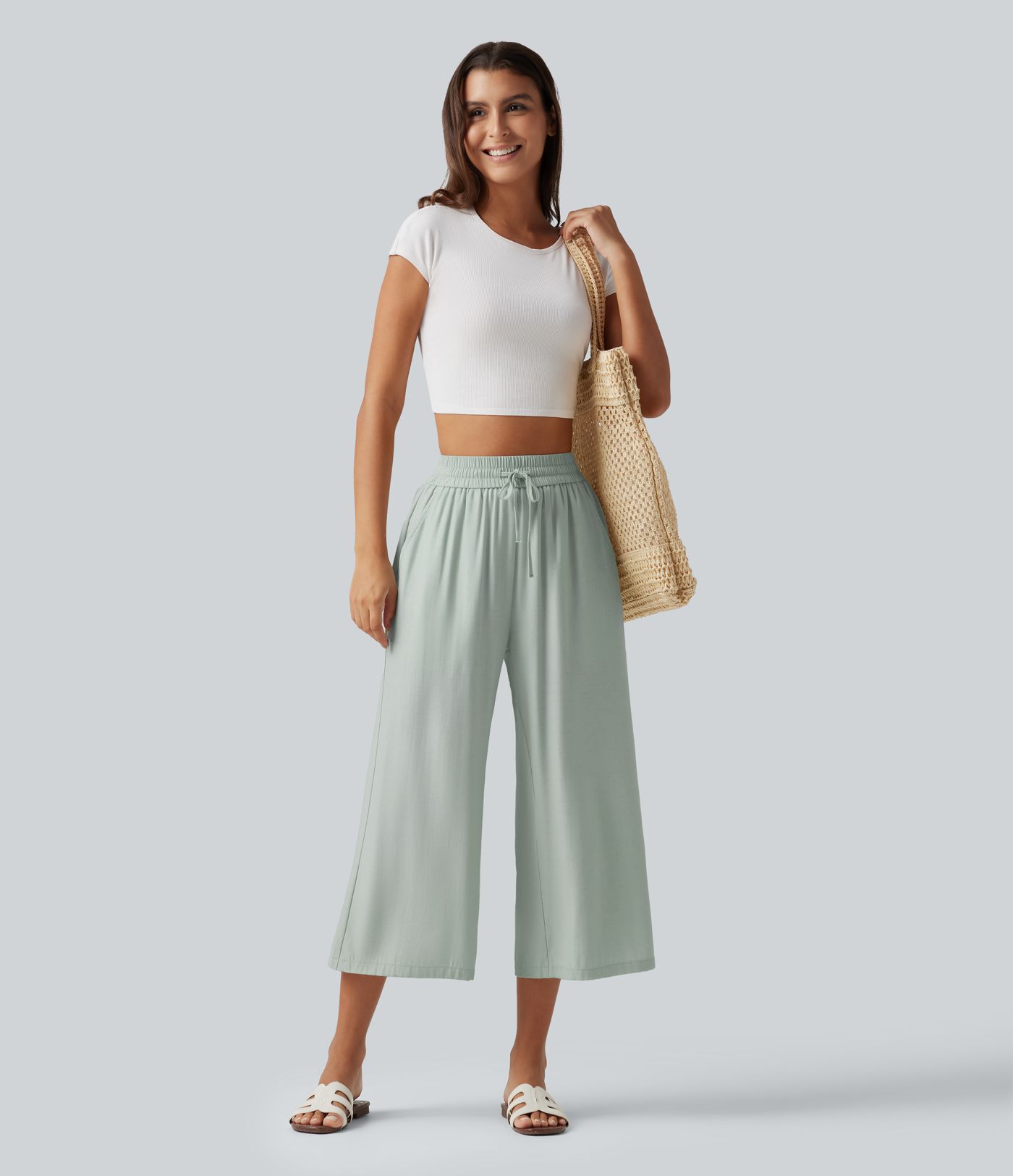 High Waisted Drawstring Wide Leg Cropped Casual Linen-Blend Pants with Pockets High Waisted Drawstring Wide Leg Cropped Casual Linen-Blend Pants with Pockets